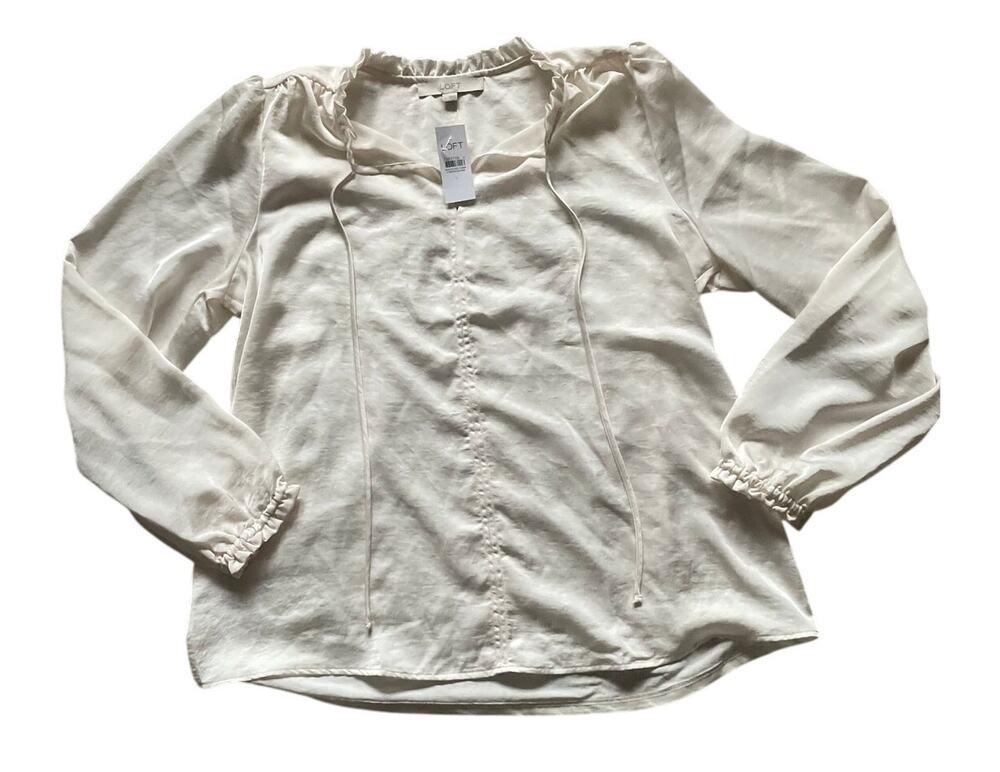 Loft Womens/Teen White Mixed Media Ruffle Tie Neck Blouse Size Large Flowy
